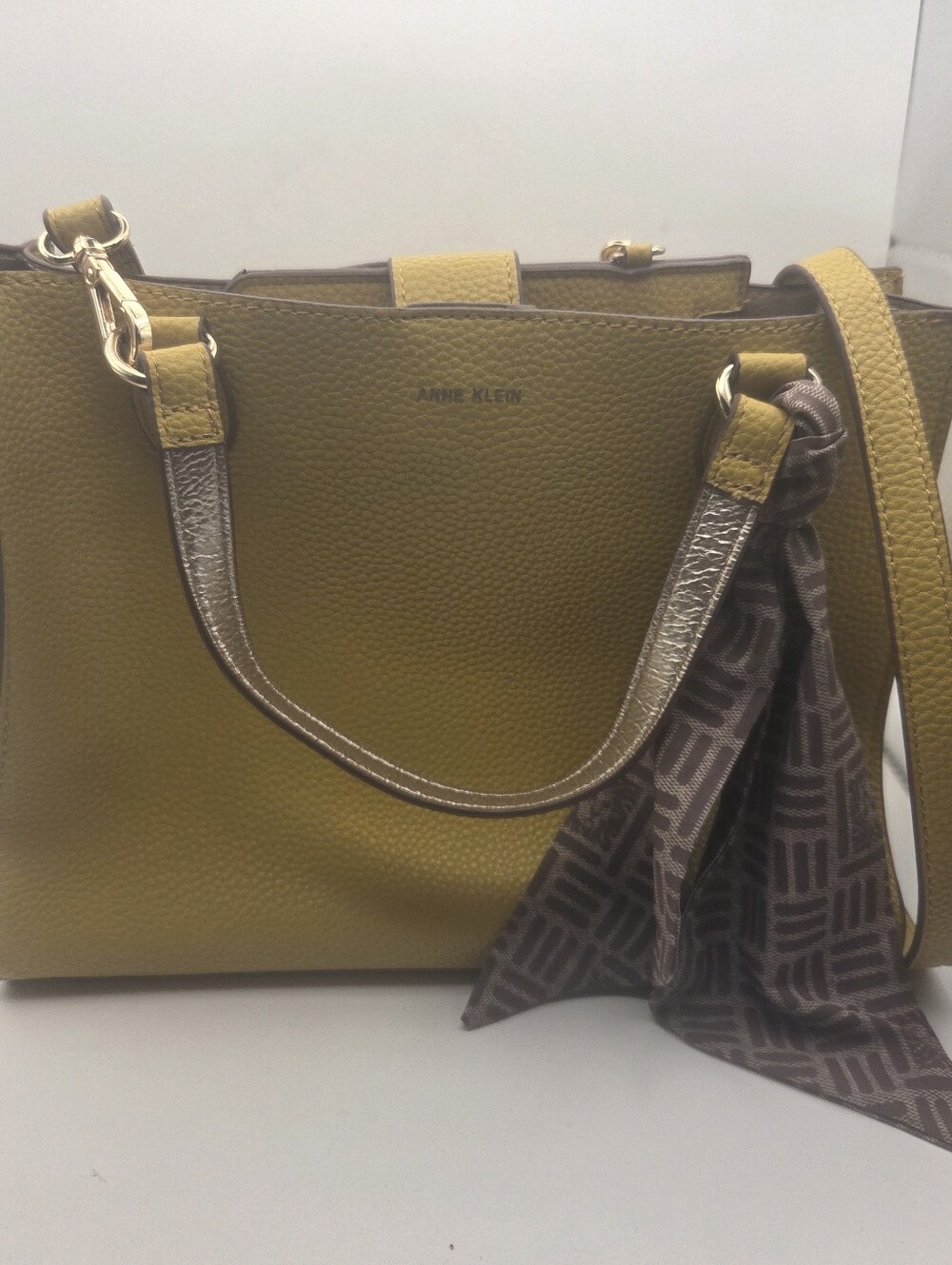 Anne Klein Mustard Yellow Pebbled Satchel w/Scarf Accent And Matching Wristlet
